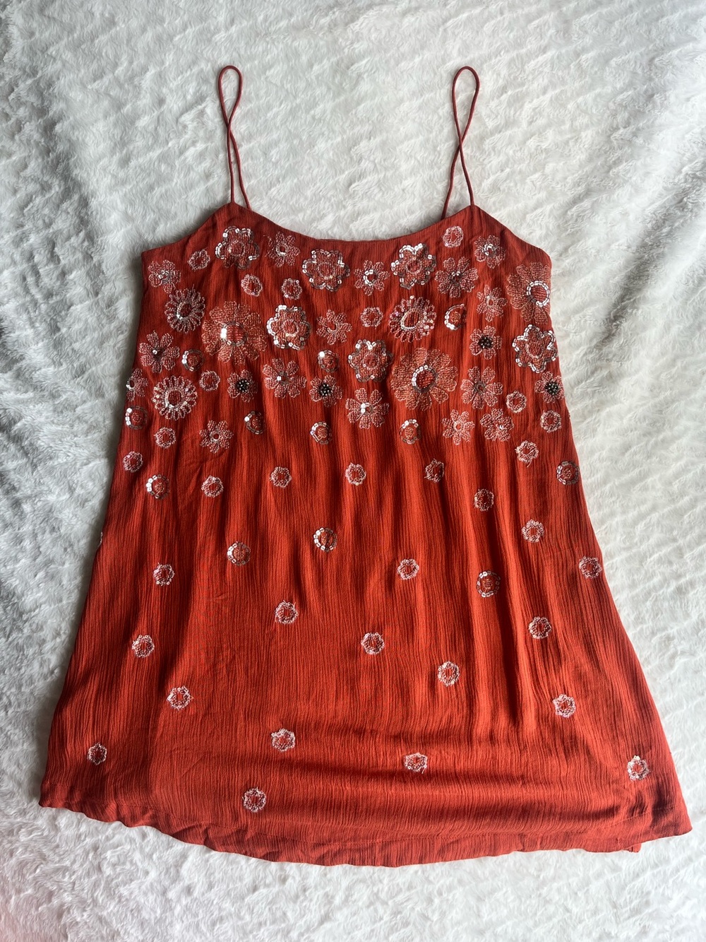 Embroidered Rust-Orange Spaghetti-Strap Cami